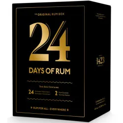 Coffret "24 Days of Rum" fermé, vue de face avec logo doré en lumière tamisée.